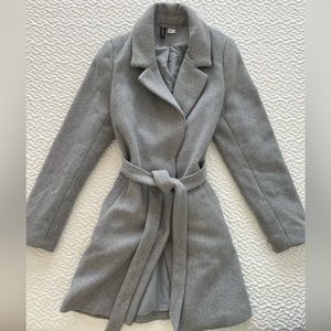 H&M Solid Grey Peacoat with Buttons and Belt